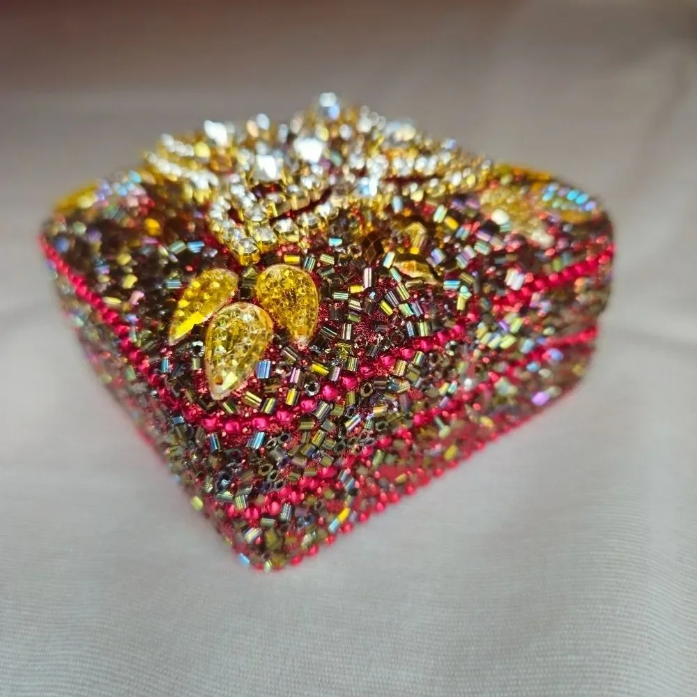 Vintage Artisan Handmade Rhinestone & Bead Trinket Box 80s-90s Made In India EUC